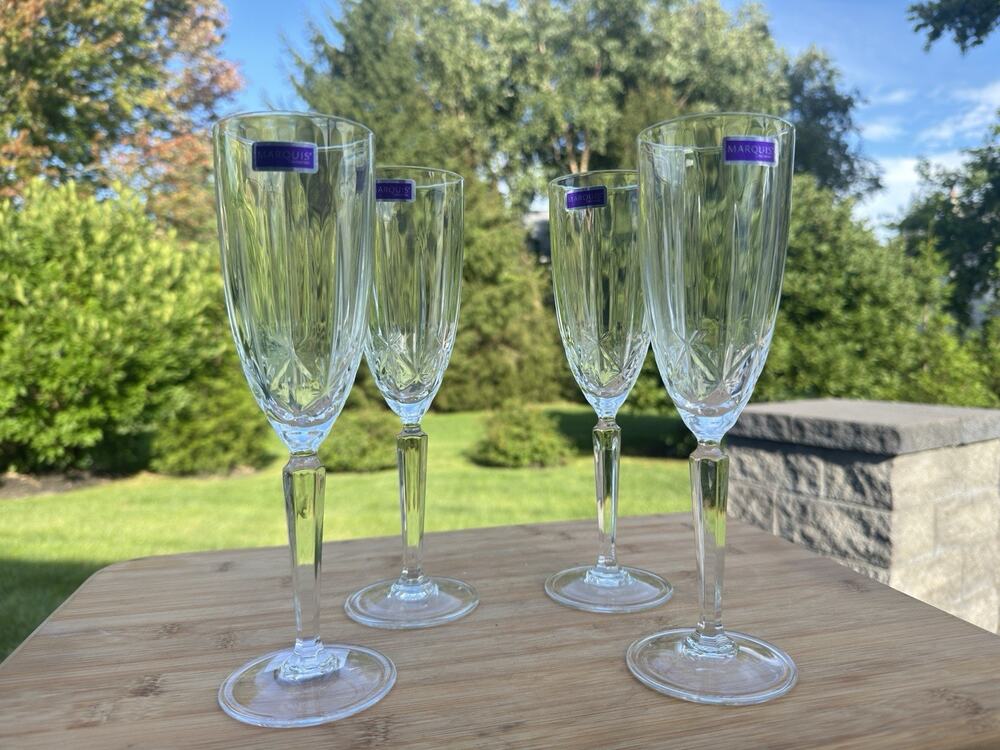 WATERFORD MARQUIS Sparkle Crystal Champagne Flutes Italy 9-3/8”~ Set Of 4